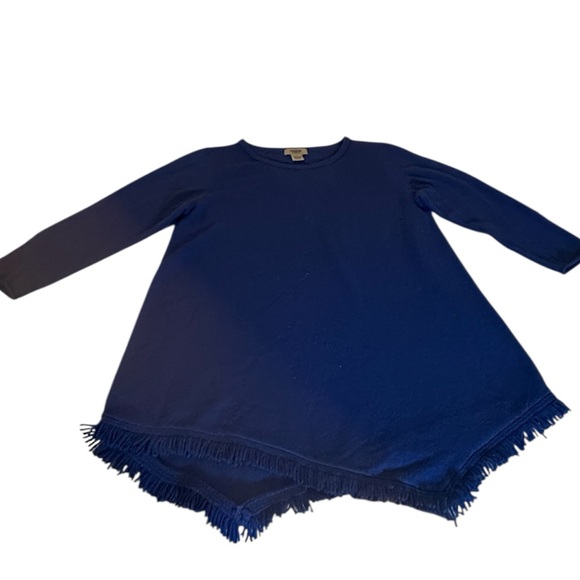 Premise 100% cashmere dk. blue asymmetrical fringe hem sweater size large - Picture 2 of 6